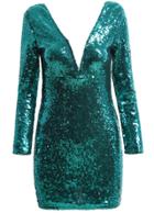 Romwe V Neck Sequined Green Dress