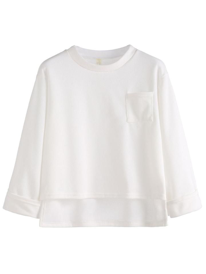 Romwe White Dip Hem Pocket Cuffed T-shirt