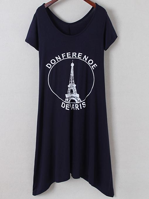 Romwe Navy Irregular Hem Letters Iron Tower Print Dress