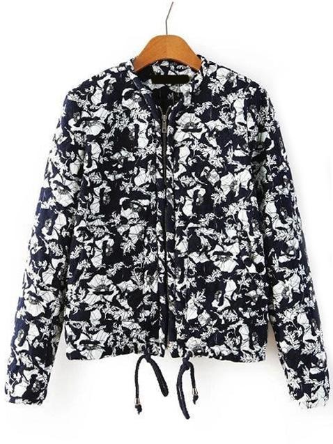 Romwe Florals Drawstring Padded Coat