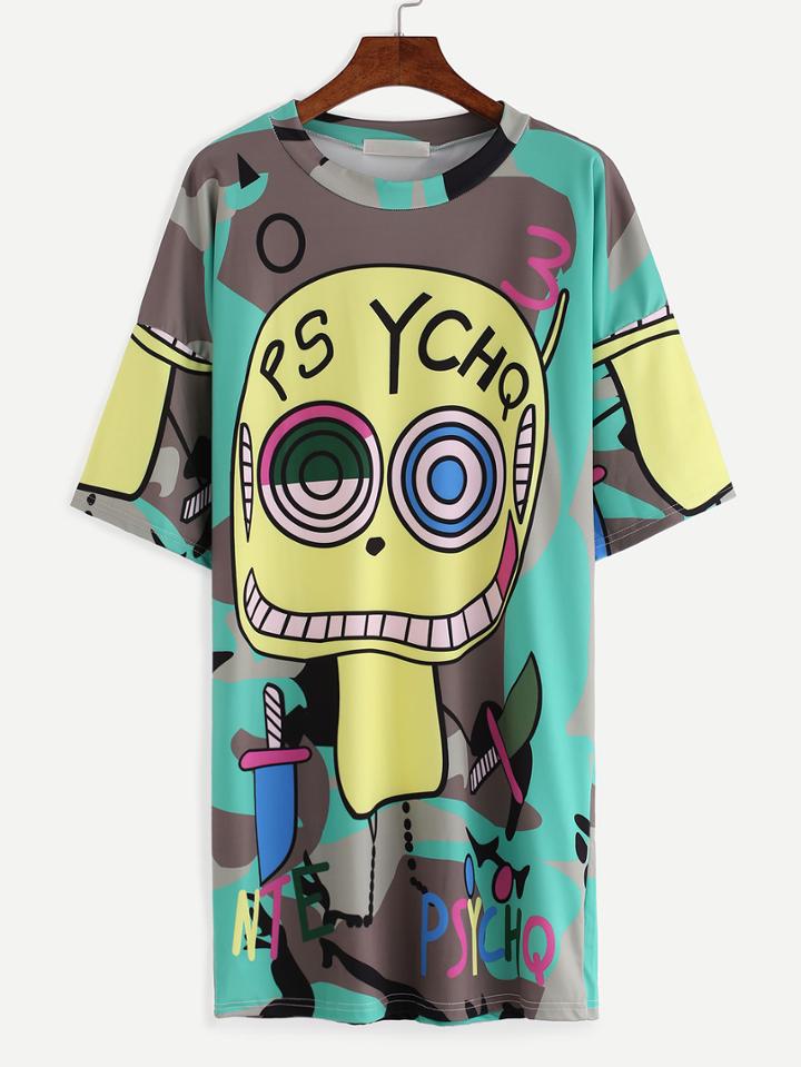 Romwe Abstract Cartoon Print Shift T-shirt Dress