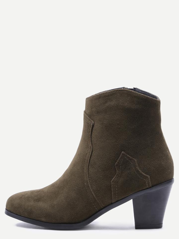 Romwe Army Green Nubuck Leather Almond Toe Chunky Heel Booties