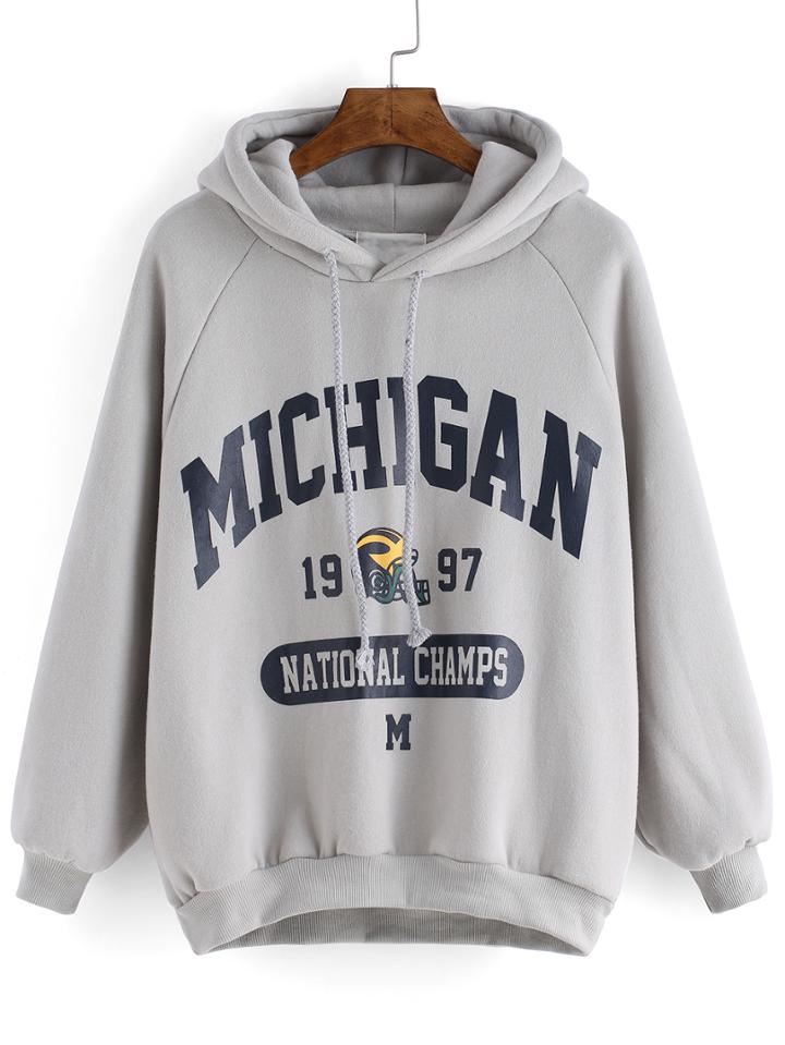 Romwe Hooded Drawstring Letter Print Loose Sweatshirt