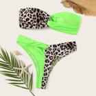 Romwe Contrast Leopard Print Twist Bandeau Bikini Set