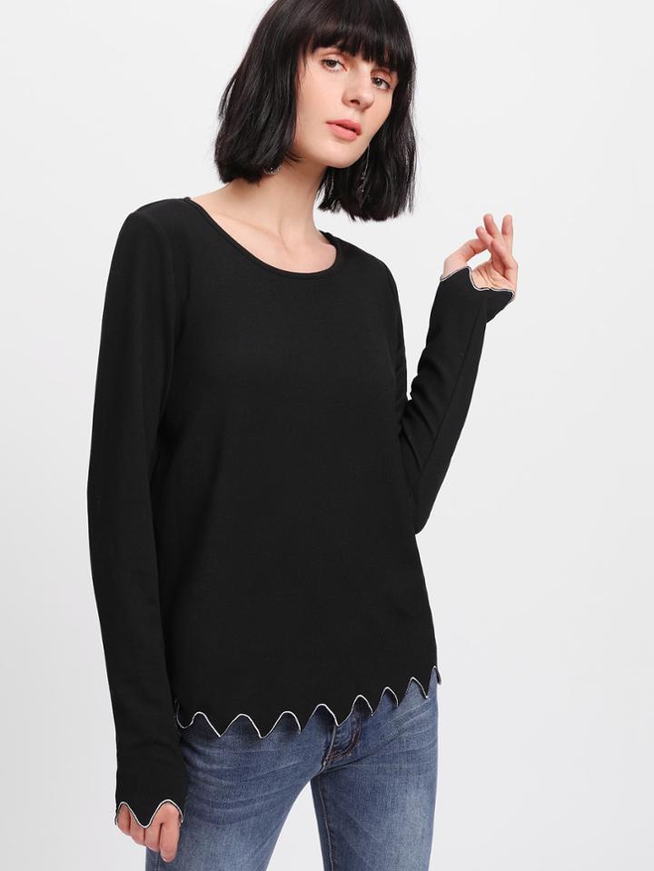 Romwe Embroidered Scallop Hem Ribbed T-shirt
