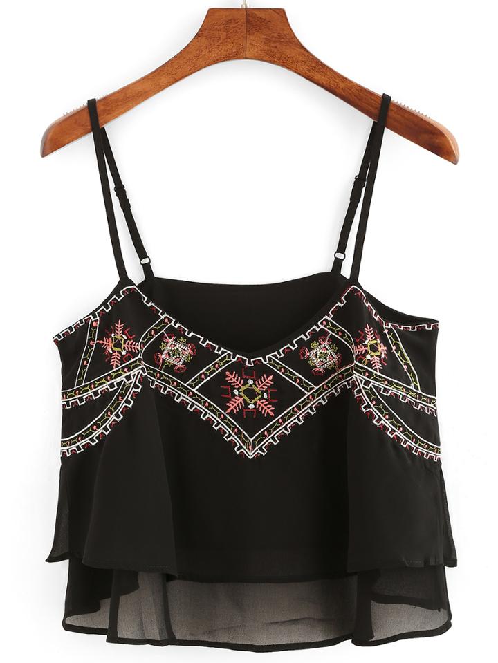 Romwe Embroidery Layered Chiffon Cami Top - Black