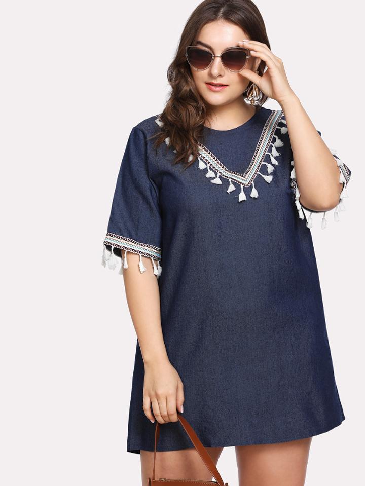 Romwe Embroidered Tape Tassel Detail Denim Dress