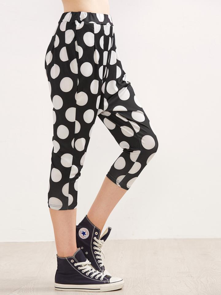 Romwe Black Polka Dot Print Elastic Waist Pants