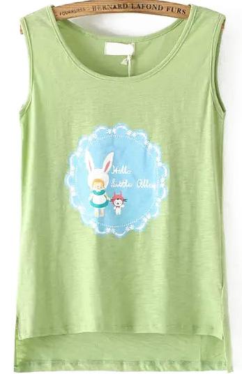 Romwe Dip Hem Rabbit Print Green Tank Top