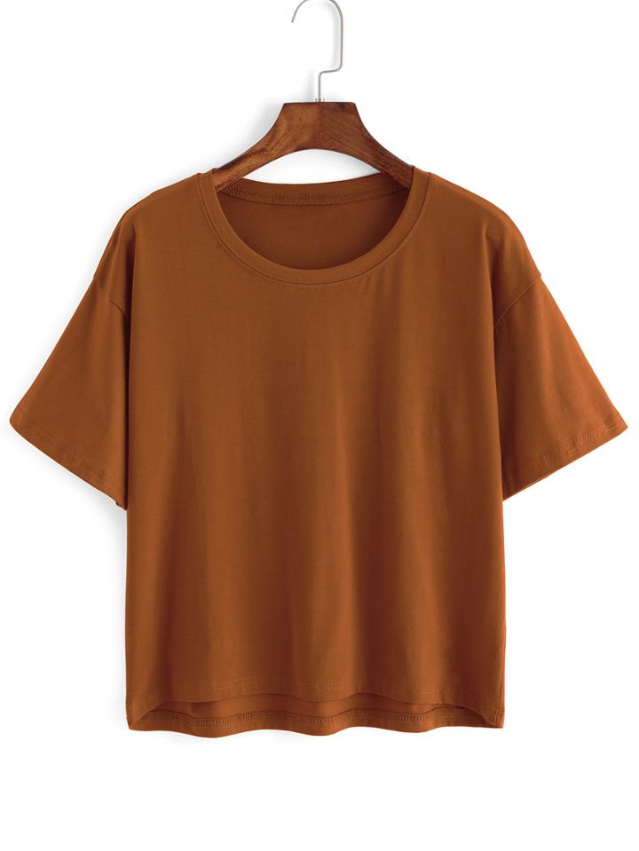 Romwe Crew Neck Loose Khaki T-shirt