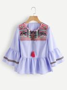 Romwe Tassel Tie Embroidered Yoke Fluted Sleeve Tiered Blouse