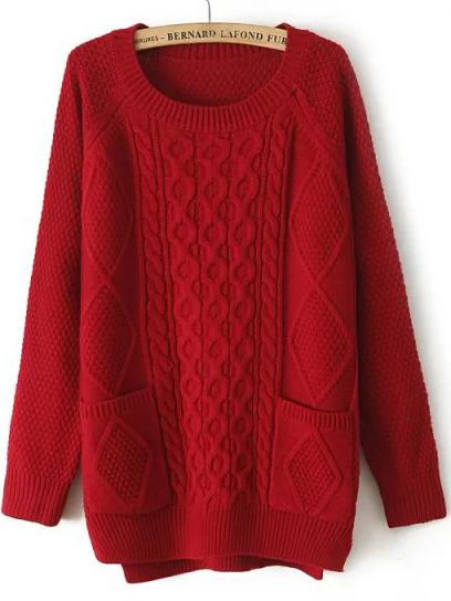 Romwe Diamond Patterned Pockets High Low Burgundy Sweater