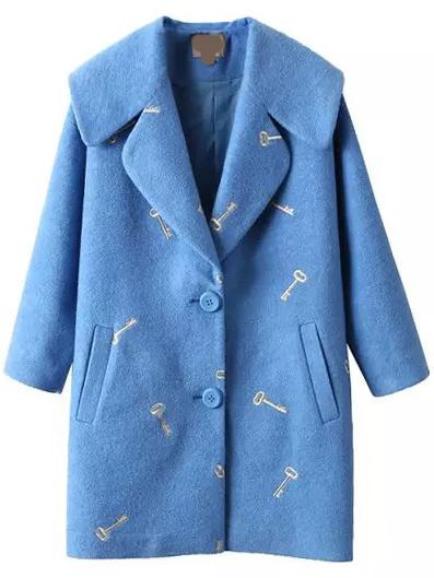 Romwe Lapel Key Embroidered Blue Coat
