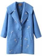 Romwe Lapel Key Embroidered Blue Coat