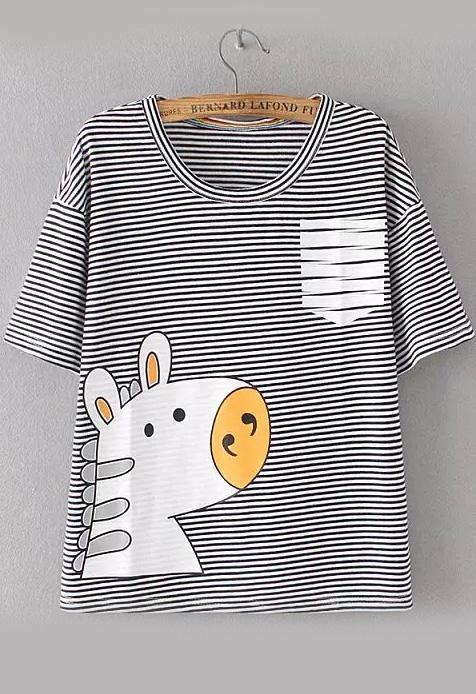 Romwe Hippo Print Striped Blue T-shirt