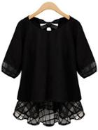 Romwe Keyhole Tie-back Mesh Trimmed Blouse - Black