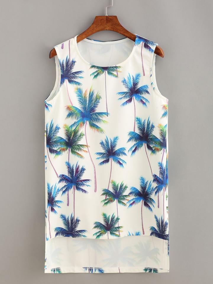 Romwe Coconut Tree Print High-low Tank Dress