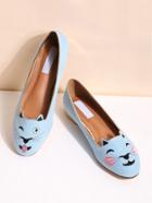 Romwe Blue Cat Embroidery Ballet Flats