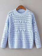 Romwe Blue Hollow Out Drop Shoulder Loose Sweater
