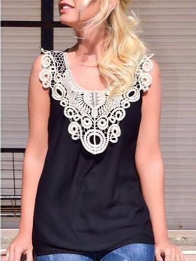 Romwe Black Contrast Crochet Neckline Tank Top