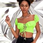 Romwe Neon Lime Lace Up Crop Blouse