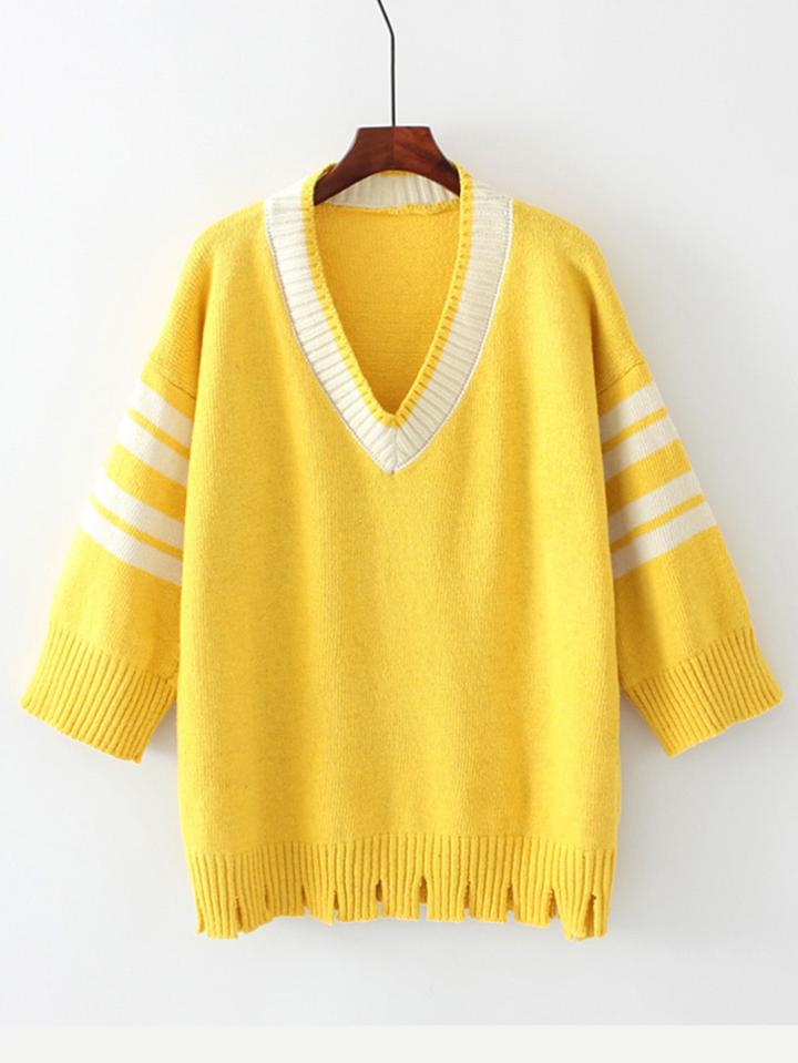 Romwe Striped Sleeve Ripped Detail Sweater