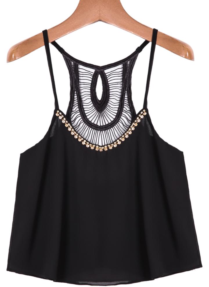 Romwe Spaghetti Strap Hollow Chiffon Black Cami Top