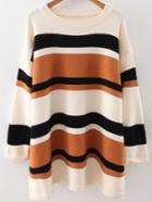 Romwe Khaki Striped Drop Shoulder Loose Sweater