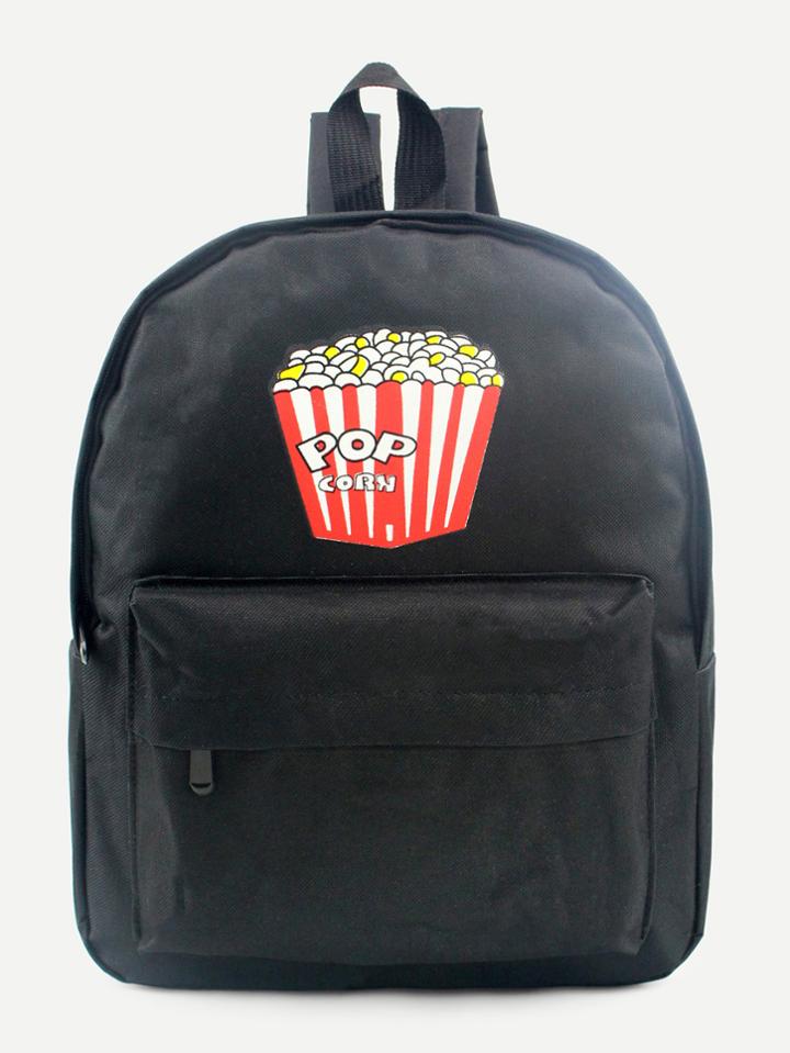 Romwe Black Popcorn Print Front Zipper Nylon Backpack