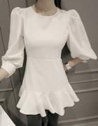 Romwe Puff Sleeve Ruffle Slim White Dress