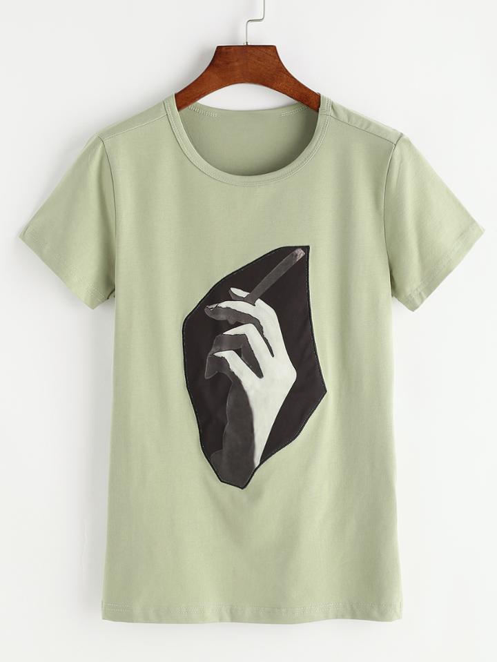 Romwe Green Smoking Hand Patch T-shirt