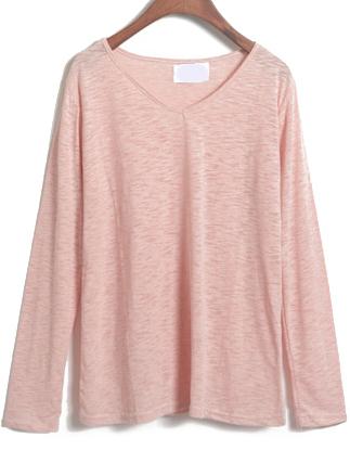 Romwe V Neck Loose Pink T-shirt
