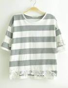 Romwe Grey White Short Sleeve Striped Lace T-shirt