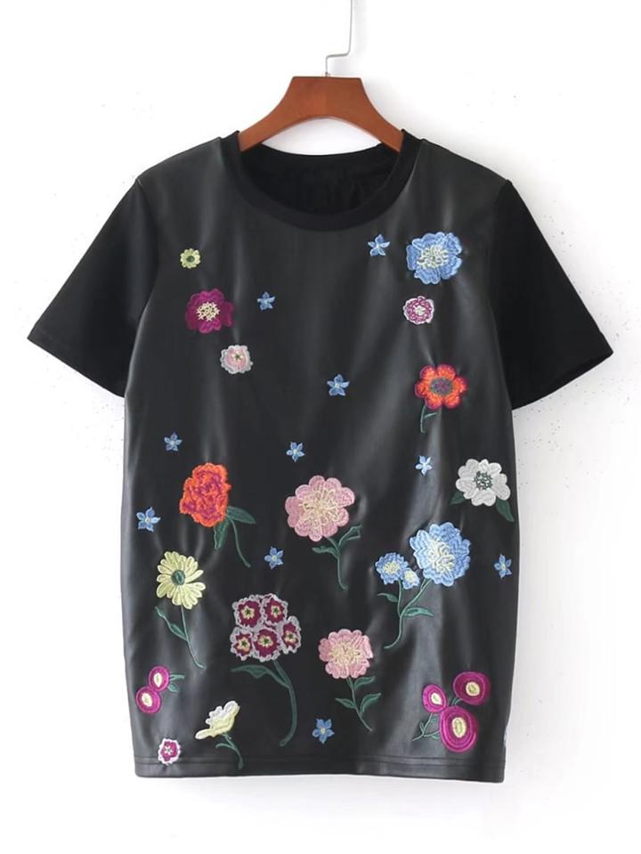 Romwe Flower Embroidery Pu Panel Tee