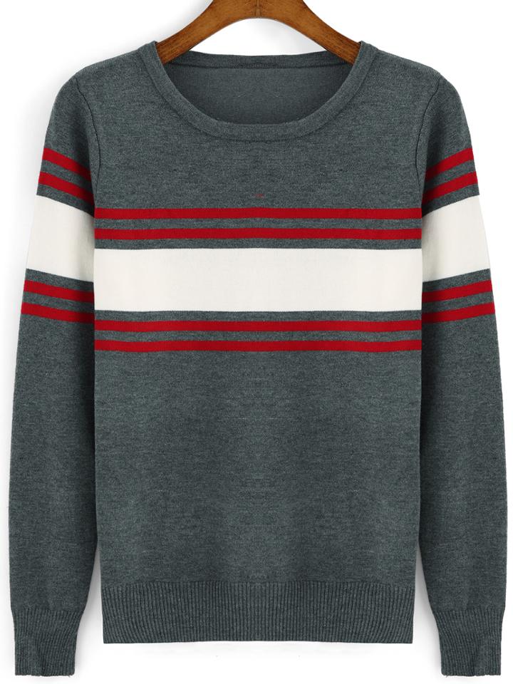 Romwe Round Neck Striped Slim Sweater