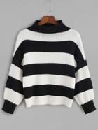 Romwe Black And White Striped Ribbed Knit Crop Sweater