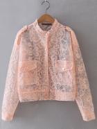 Romwe Pink Embroidery Button Front Sheer Jacket