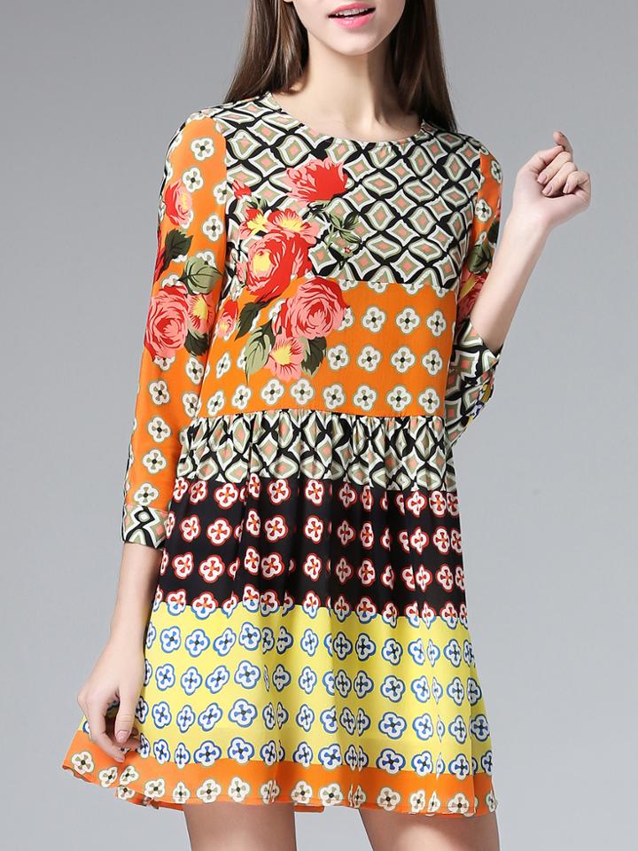 Romwe Multicolor Crew Neck Print Shift Dress