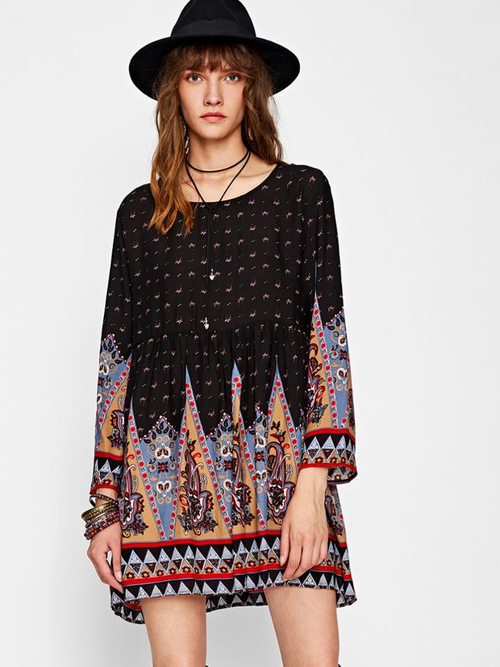 Romwe Ornate Print Smock Dress