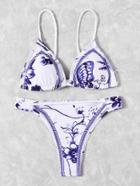 Romwe Flower Print Braided Detail Bikini Set