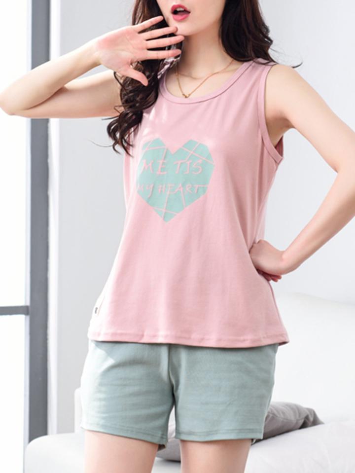 Romwe Heart Print Top & Shorts Pj Set