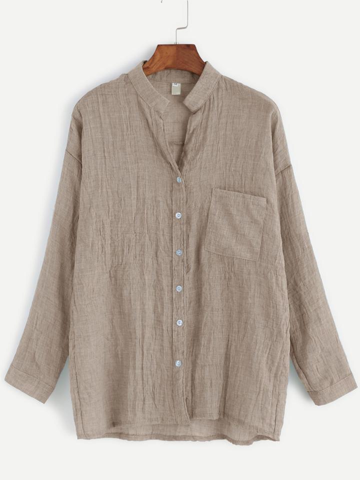 Romwe Light Khaki Band Collar Drop Shoulder Pocket Blouse