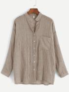 Romwe Light Khaki Band Collar Drop Shoulder Pocket Blouse