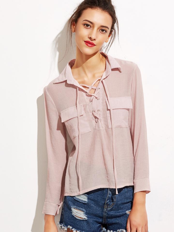 Romwe Pink Lace Up Neck Pockets Blouse