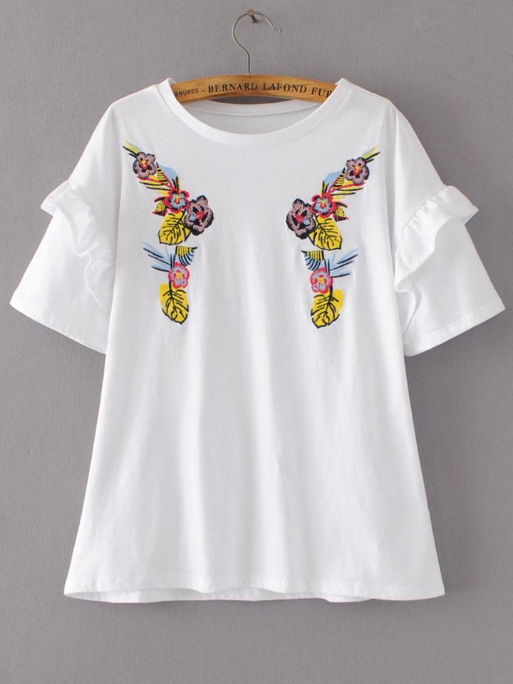 Romwe White Flower Embroidery Ruffle Trim T-shirt