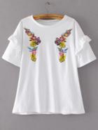 Romwe White Flower Embroidery Ruffle Trim T-shirt