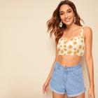 Romwe Crop Notched Front Shirred Back Floral Print Tank Top