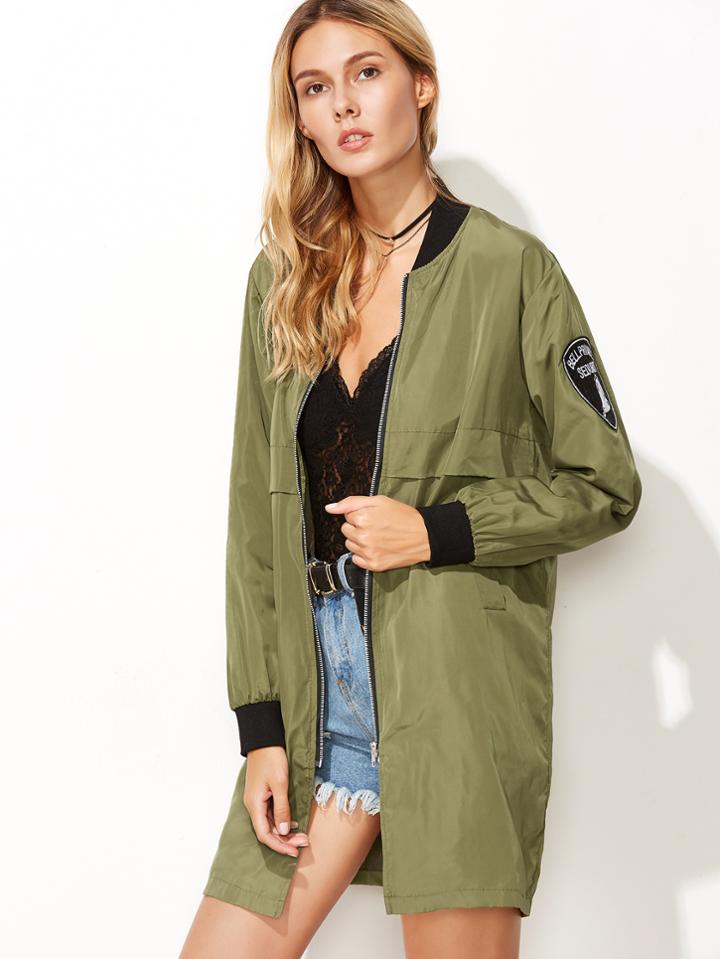 Romwe Army Green Contrast Trim Sleeve Patch Zipper Jacket
