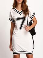 Romwe White V Neck 7 Print Striped Dress
