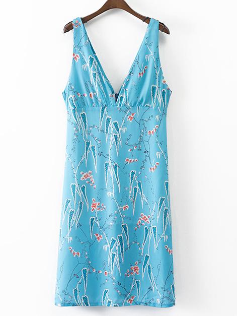 Romwe Blue V Neck Sleeveless Printed Zipper Back Dress